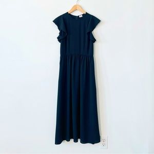 Aritzia Wilfred Fleurette Black Midi Dress Flutter Sleeve A Line Flowy Pockets 2